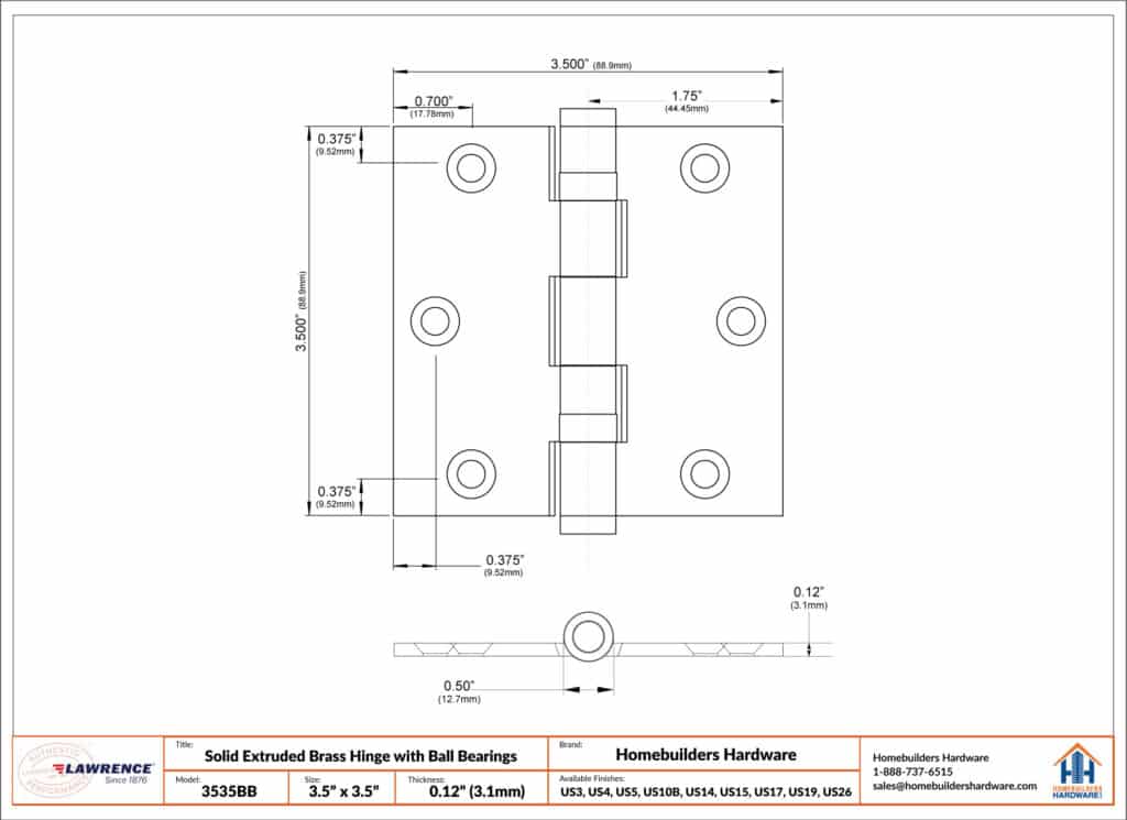 Door Hinge 3.5 x 3.5 Solid Brass Ball Bearing – Satin Brass (US4)