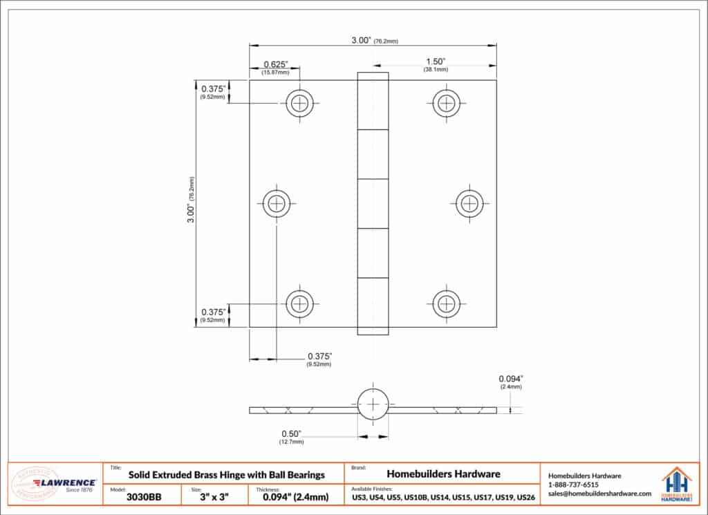 Door Hinge 3 x 3 Solid Brass – Pewter (US17A)