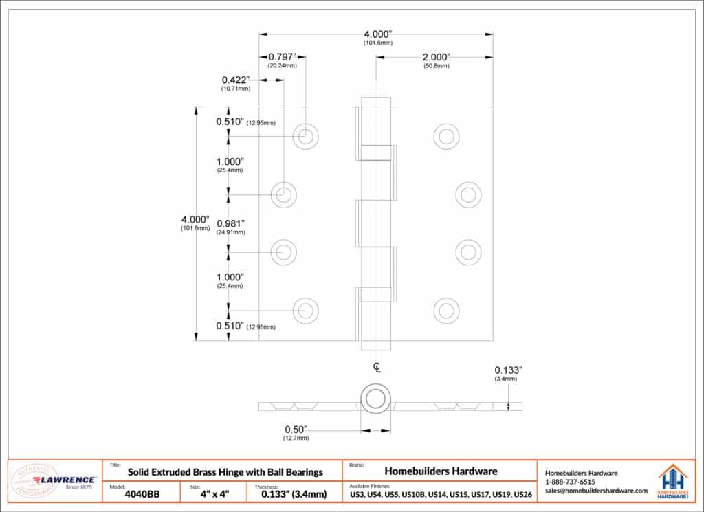 Door Hinge 4 x 4 Inch Solid Brass Ball Bearing – Pewter (US17A)