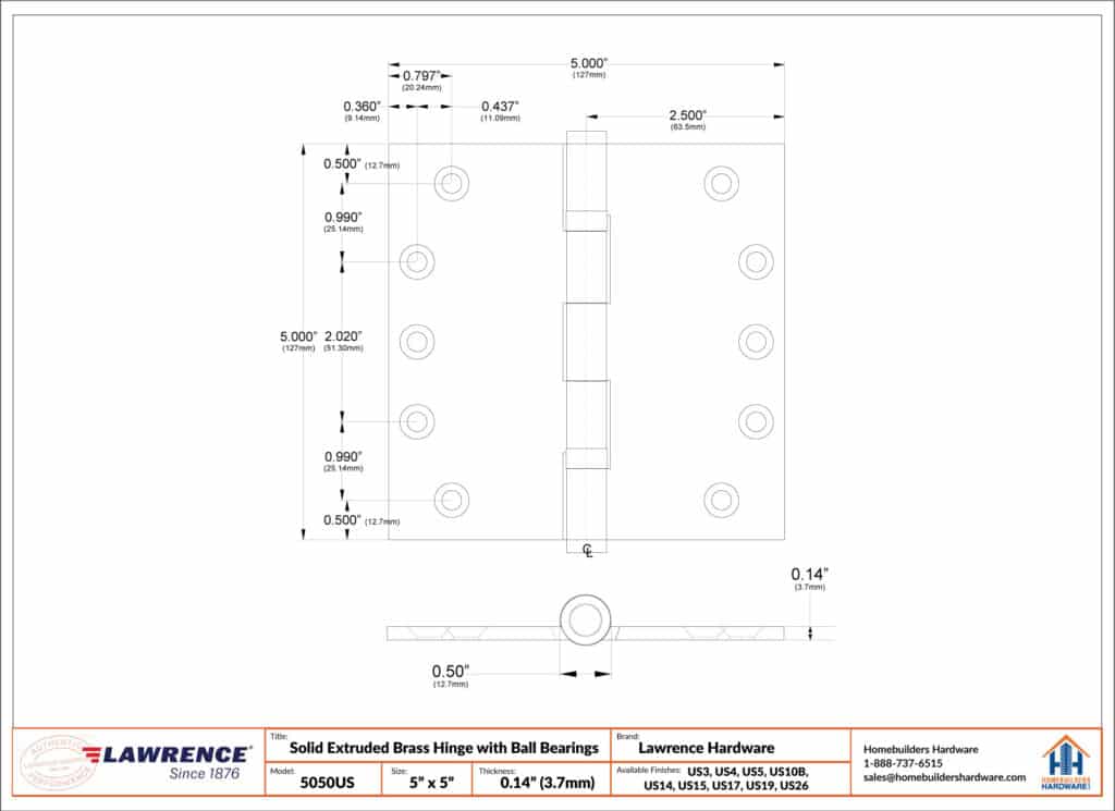 Door Hinge 5 x 5 Inch Solid Brass Ball Bearing – Satin Brass (US4)