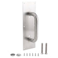 A brushed stainless steel U-handle door pull mounted on a matching rectangular backplate, shown with mounting screws, washers, and nuts on a plain white background.