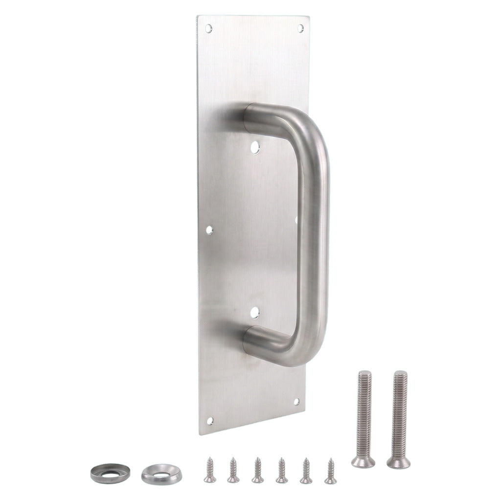 A brushed stainless steel U-handle door pull mounted on a matching rectangular backplate, shown with mounting screws, washers, and nuts on a plain white background.