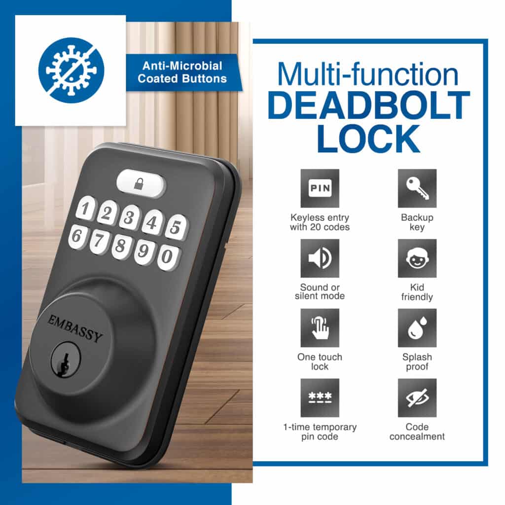 Keyless Entry Electronic Door Lock with Illuminated Antimicrobial Keypad & Security Deadbolt Lock EL1