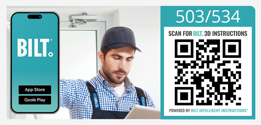 QR code to open the 503 and 534 door closer guide in the free BILT app