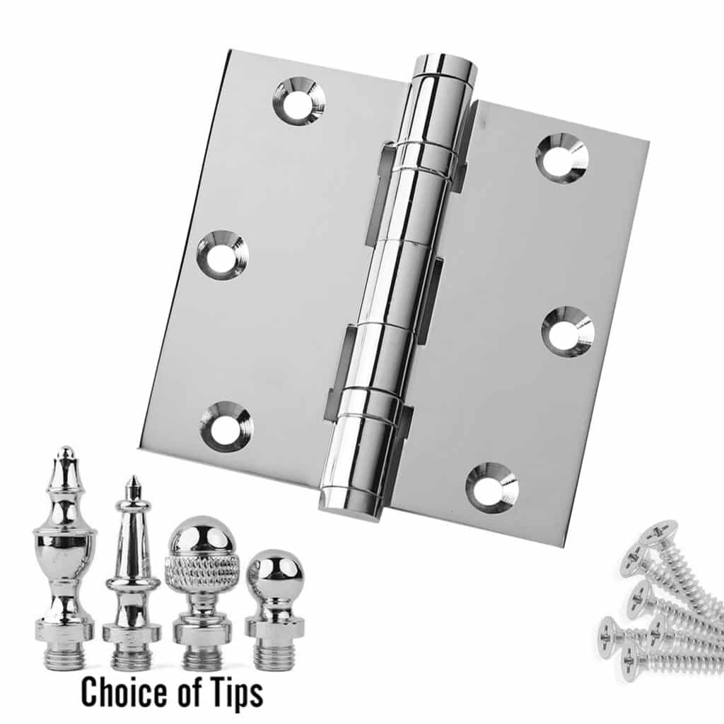 US26 Door Hinges 3.5 x 3.5 Extruded Solid Brass Ball Bearing Hinge Heavy Duty Polished Chrome 2 PK Ball/Urn/Button Tips Included Stainless Steel Pin Architectural Grade 