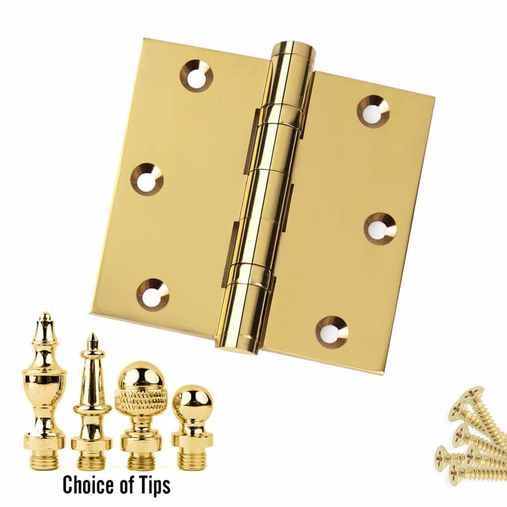 Door Hinges 3.5 x 3.5 Solid Brass Ball Bearing Polished Brass with Tips Set of 2 