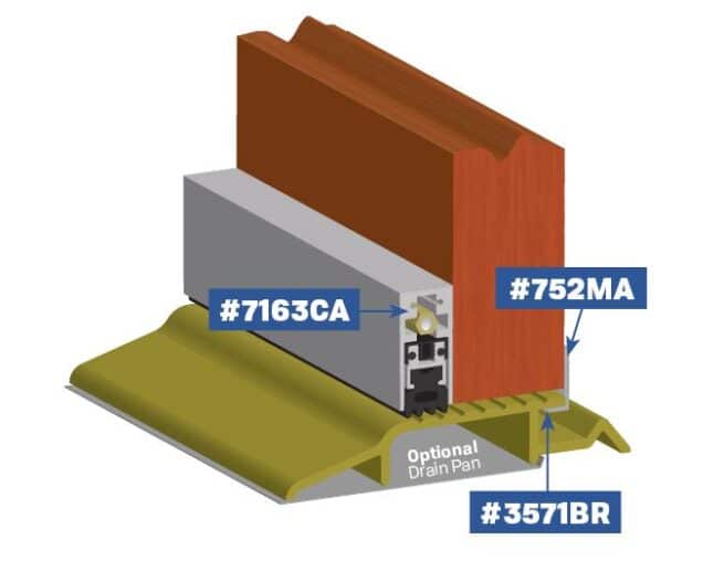 interlocking threshold with automatic door bottom and anti-rain trough with weep hole